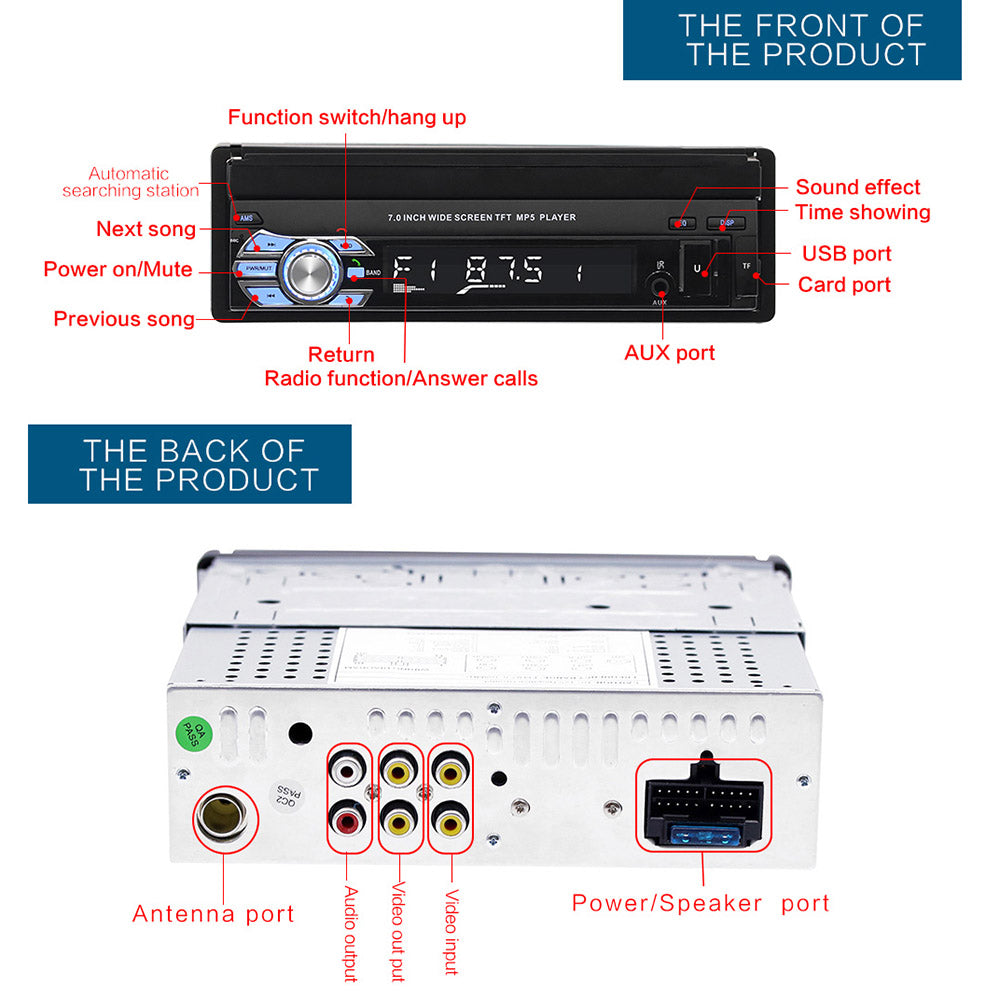 singledin car radio tape recorder 7" hd retractable screen universal