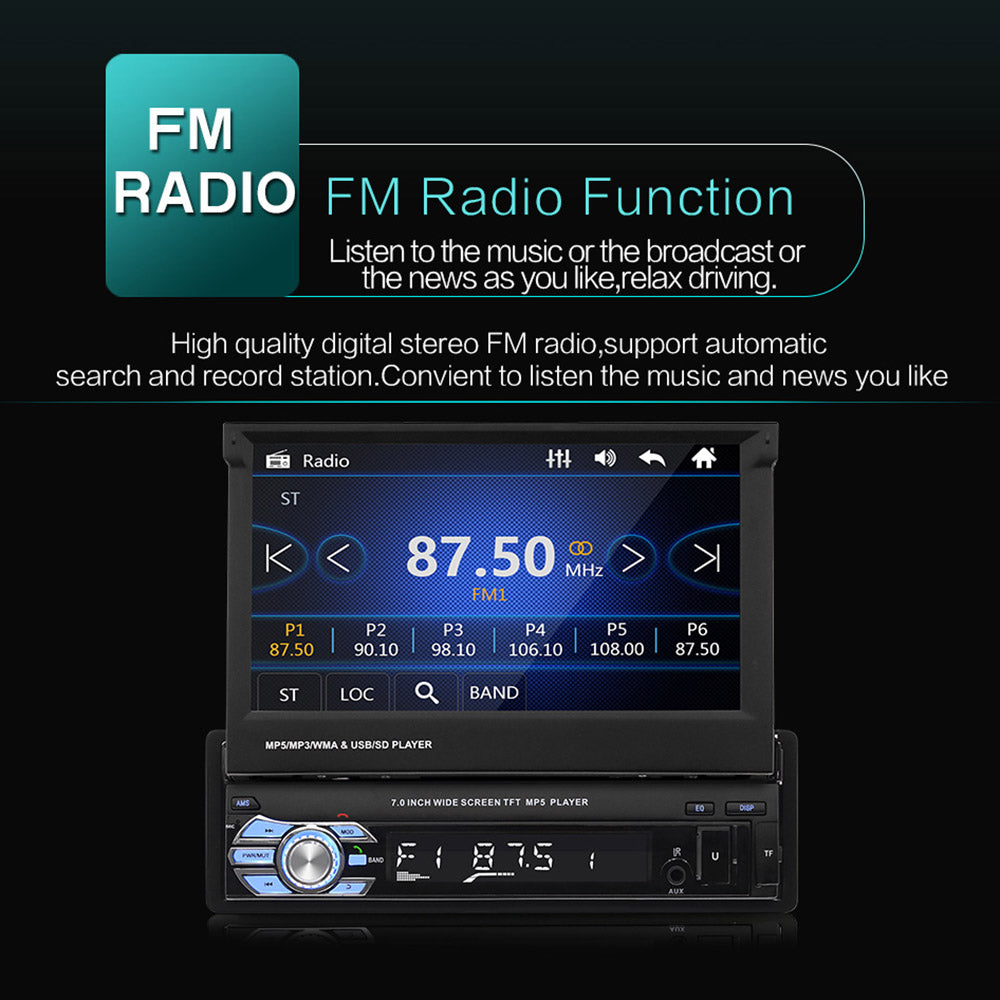 singledin car radio tape recorder 7" hd retractable screen universal
